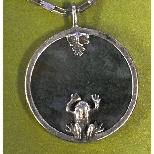 2293 - Norman Grant Silver Frog Lily Pad Pendant and Chain - 30mm in diameter, chain length approx 50cm.