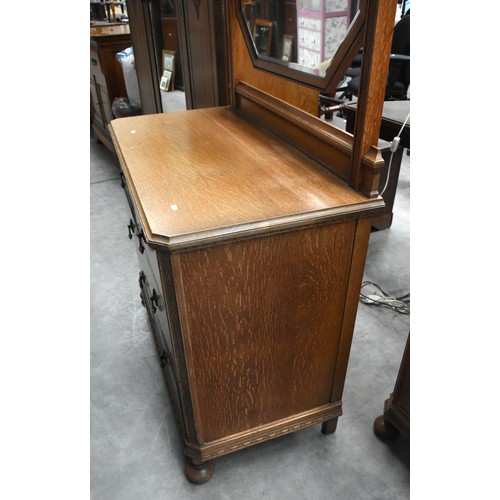 3049 - Edwardian Oak Mirror Door Wardrobe, Dressing Chest & Chest