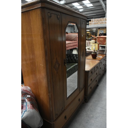 3049 - Edwardian Oak Mirror Door Wardrobe, Dressing Chest & Chest