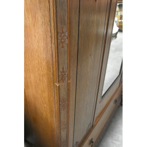 3049 - Edwardian Oak Mirror Door Wardrobe, Dressing Chest & Chest