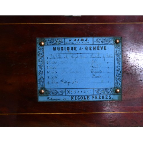 1604 - Swiss Music Box by Nicole Freres Geneve, Inlaid Simulated Rosewood Case, 6 Airs, serial no 35825, me... 