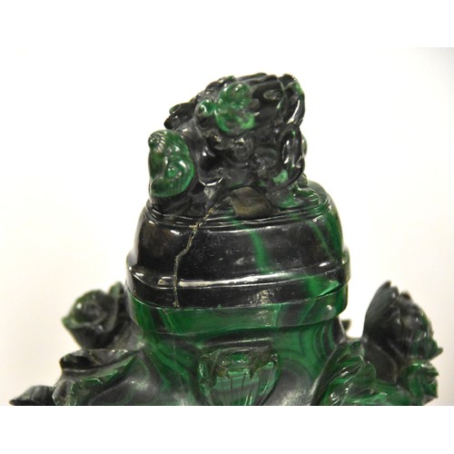 1503 - Pair of Chinese Malachite Temple Jars on Rose Quartz supported on carved hardwood bases.