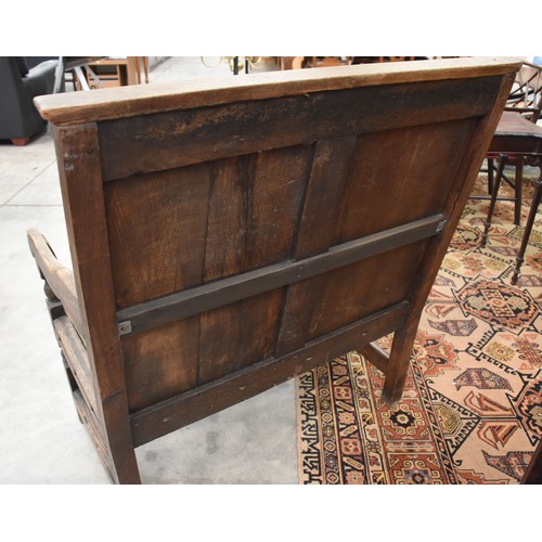 3196 - Heavily Carved Antique Oak Hall Settle with Fabric Upholstered Seat