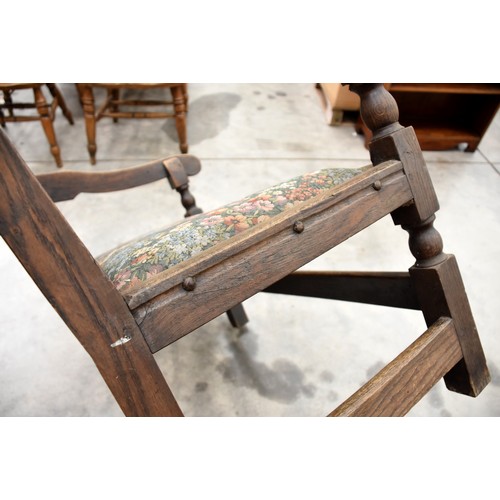 3196 - Heavily Carved Antique Oak Hall Settle with Fabric Upholstered Seat