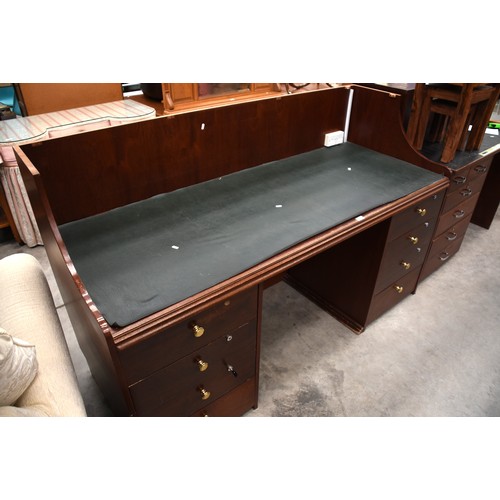 3208 - Vintage Teak Kneehole Desk with Faux Leather Top - 184cm across, 74cm deep, 114cm at highest point, ... 