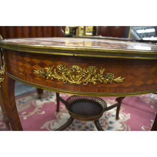 3115 - French Kingwood &b Satinwood Inlaid Centre Table with Marble Top and Decorative Ormolu Mounts, open ... 