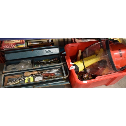 135 - 2 Boxes - Hand Tools, Chain Saw Visor, Nail Gun etc