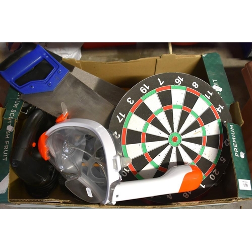 178 - Tools, Dart Board, Swimming Mask etc