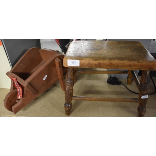 262 - Antique Stool and A Miniature Wooden Wheelbarrow