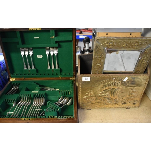 297 - Brass Magazine Rack, Mirror and Part Canteen Cutlery