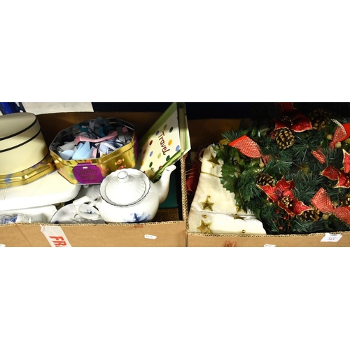 313 - 2 Boxes - Blue & White Tea Set, Christmas Decorations, etc