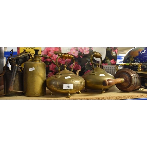 327 - 2 Brass Kettles, Blowtorch, Sprayer and a Copper Scoop