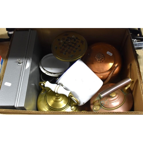 363 - Box - Cash Box, Vintage Enamel, Brass & Copper Kettles etc