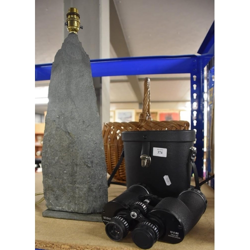 374 - Stone Table Lamp and Geisha 10 x 50 Binoculars