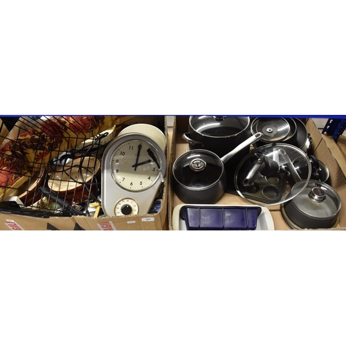 403 - 2 Boxes - Pots, Pans, Clocks, Kitchen Items etc