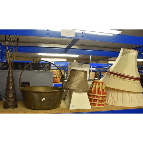 431 - Brass Jelly Pan, Modern Table Lamp and Assorted Lamp Shades