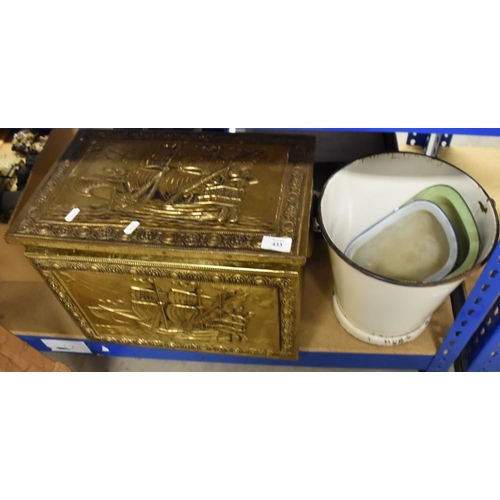 433 - Brass Log Box, Light Fittings, Vintage Enamel Bucket etc