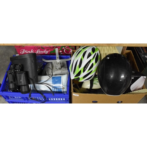 538 - 2 Boxes - Binoculars, Bike Helmets, Scales etc