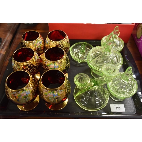 573 - Tray Lot - Gilded Glasses & Art Deco Dressing Table Set