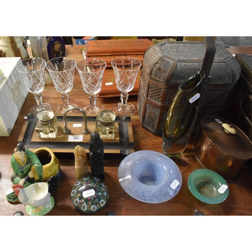 587 - Chinese Basket, Stuart Crystal Glasses, Desk Stand etc