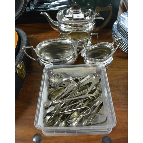 597 - Plated Sugar Tongs, Spoons & 3 Piece Tea Set With Milk Jug