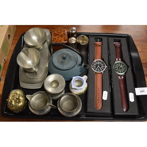 609 - Tray Lot - Men's Watches, Chinese Tea Pot, Walnut Box etc