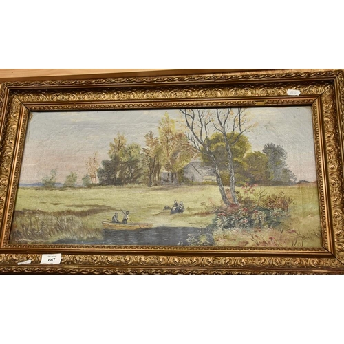 667 - Gilt Framed Oil Painting - Fishing Scene