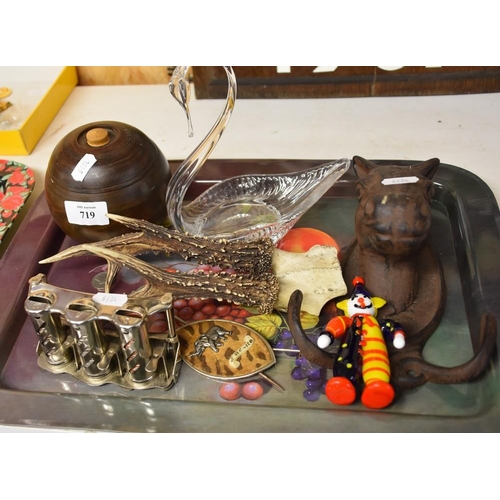 719 - Tray Lot - Bowling Ball Box, Coin Holder, Antlers etc