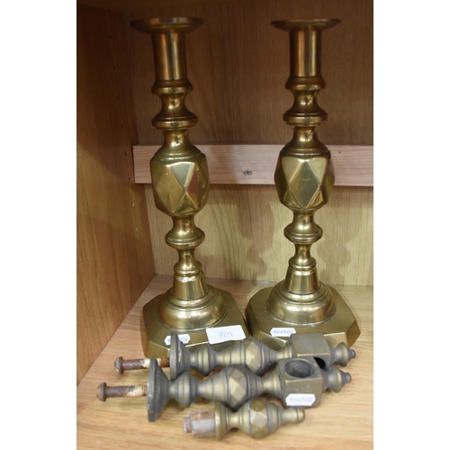 729 - Pair Of Brass Candlesticks & Brass Rail & Brackets