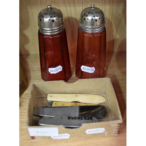 730 - 2 Red Glass Sugar Shaker & Collection Of Pen Knives