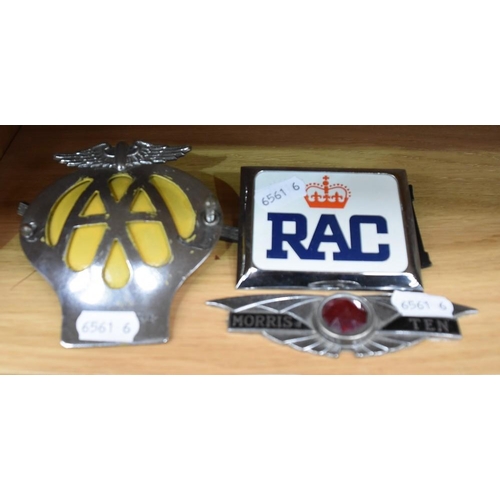 733 - AA Badge, RAC Badge & Early Morris 10 Car Badge.