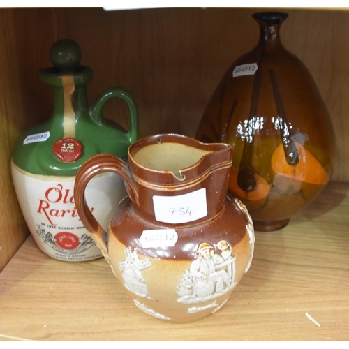 734 - Doulton Jug, Whisky Bottle & Brown Stone Vase