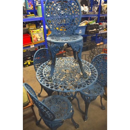 87 - Blue Painted Cast Metal Bistro Table and 4 Chairs