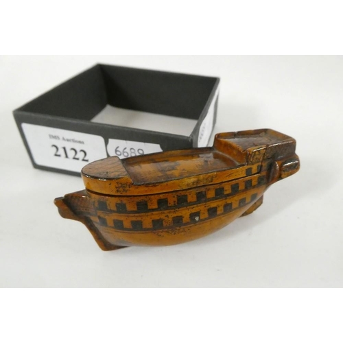 2122 - Antique Sycamore Snuff Box in the form of a Man o' War