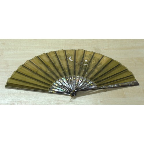 1044 - Antique Silk Hand Held Folding Fan - Decorated with M.O.P & Hand Painted Figures.