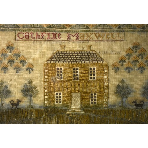 1077 - Framed Georgian Needlework Sampler, Georgian House by Catherine Maxwell Dated 1824 Measures 32 x 35c... 