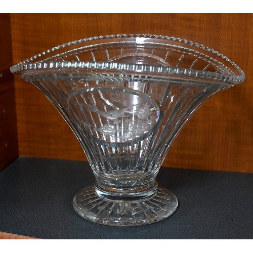 1136 - Large Cut Glass Fan Shaped Bowl - Engraved with Birds & Foliage, Celery Vase & 1 other