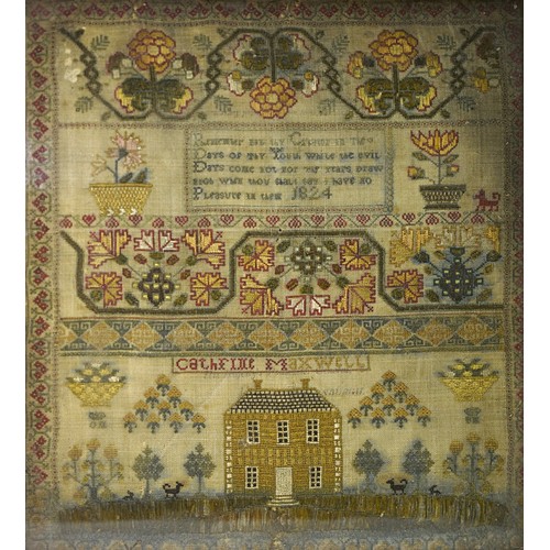 1077 - Framed Georgian Needlework Sampler, Georgian House by Catherine Maxwell Dated 1824 Measures 32 x 35c... 