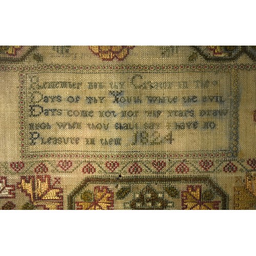 1077 - Framed Georgian Needlework Sampler, Georgian House by Catherine Maxwell Dated 1824 Measures 32 x 35c... 