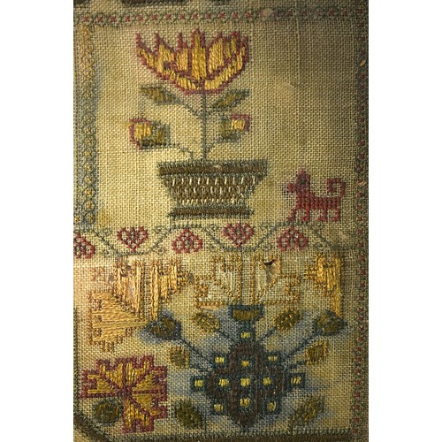 1077 - Framed Georgian Needlework Sampler, Georgian House by Catherine Maxwell Dated 1824 Measures 32 x 35c... 