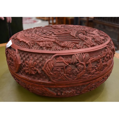 1466 - Large Circular Chinese Cinnabar Box 37cm in Diameter