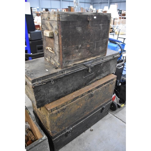 1075 - 3 Antique Metal Trunks & Antique Pine Box