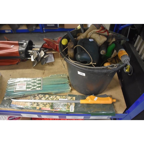 1109 - Bucket Of Garden Tools & 2 Wooden Trellises