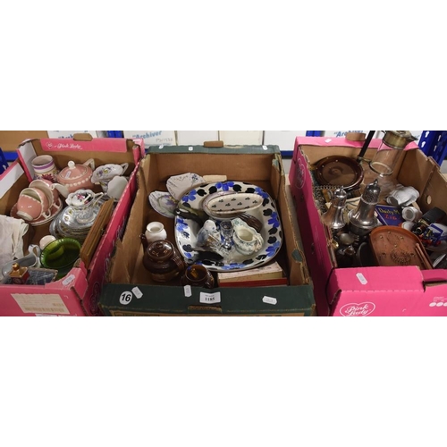 1185 - 3 Boxes - Pottery, China, Vintage Gloves, Silver Plate, etc