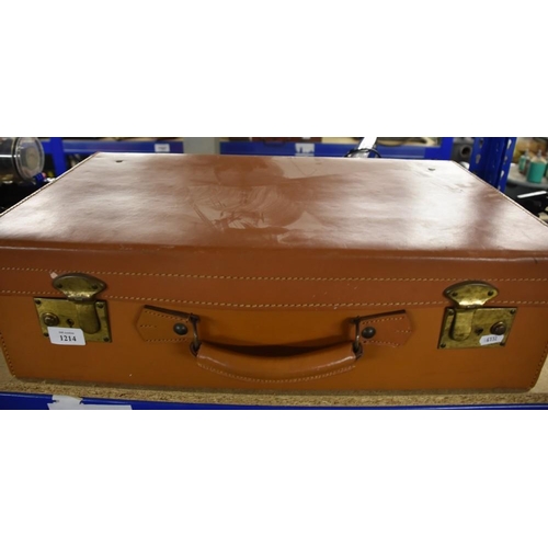 1214 - Vintage Leather Suitcase With Brass Fittings