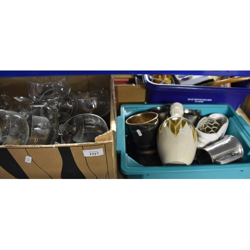 1217 - 2 Boxes - Drinking Glasses, Pottery, Sliver Plate, etc