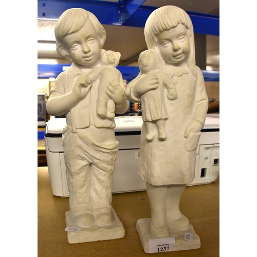 1237 - 2 Cast Stone Figurines (Boy & Girl)