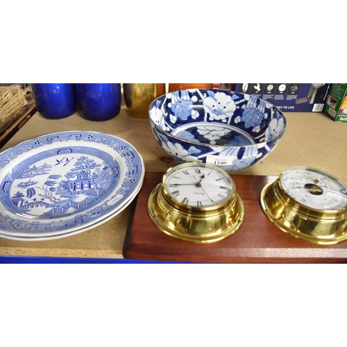 1240 - 2 Blue & White Spode Plates, Blue & White Japanese Bowl & Wall Mounted Clock & Barometer Set