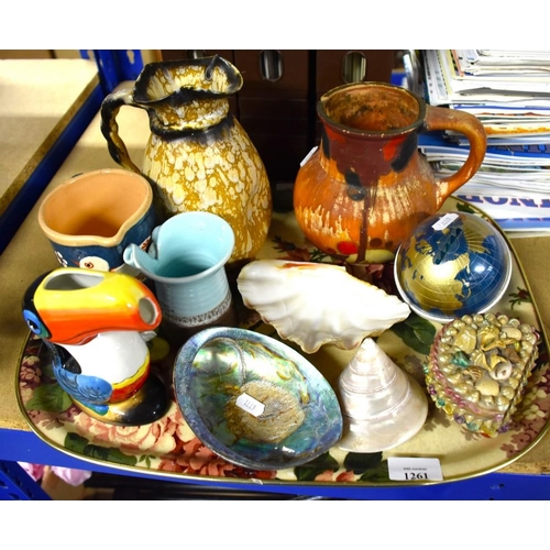 1261 - Tray Lot - Pottery Jugs, Sea Shells, etc