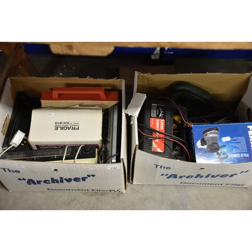 1392 - 2 Boxes - Battery Charger, Reel to Reel Player, etc